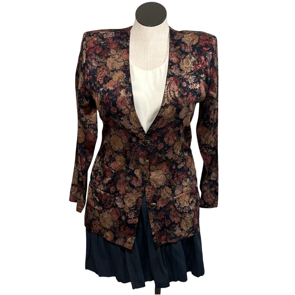 Vintage Dawn Joy Fashions Floral Blazer Skirt Set Size 13 14 Made in USA